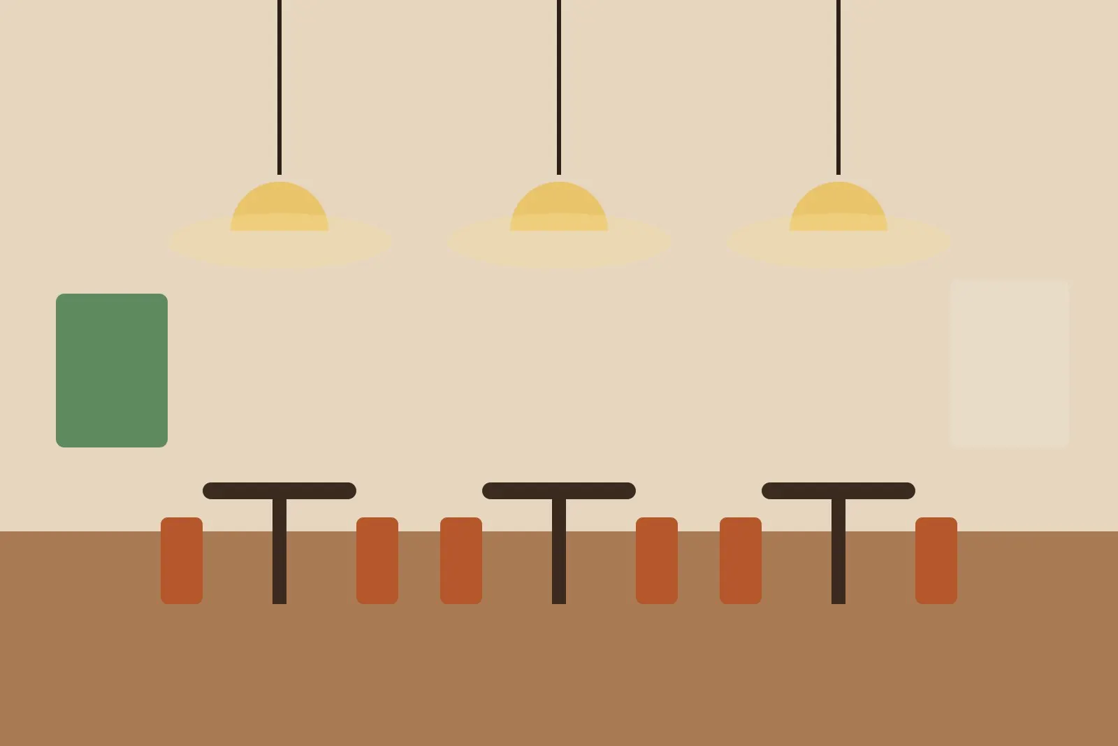 The café seating area under pendant lights